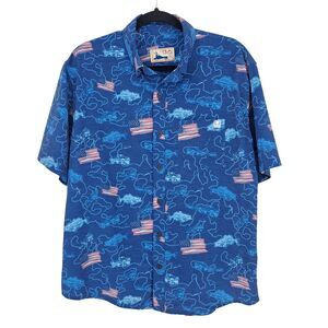 Huk Fishing Blue Button-Down Fish American Flag Print Shirt Men's Size M Medium